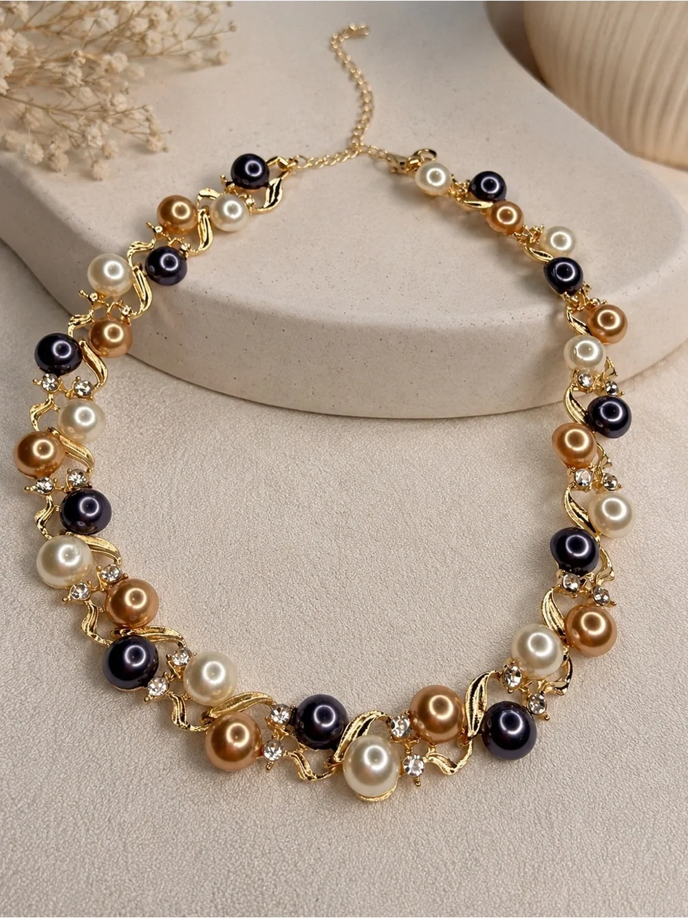 Gold Collar Necklace with Black, White and Champagne Pearls